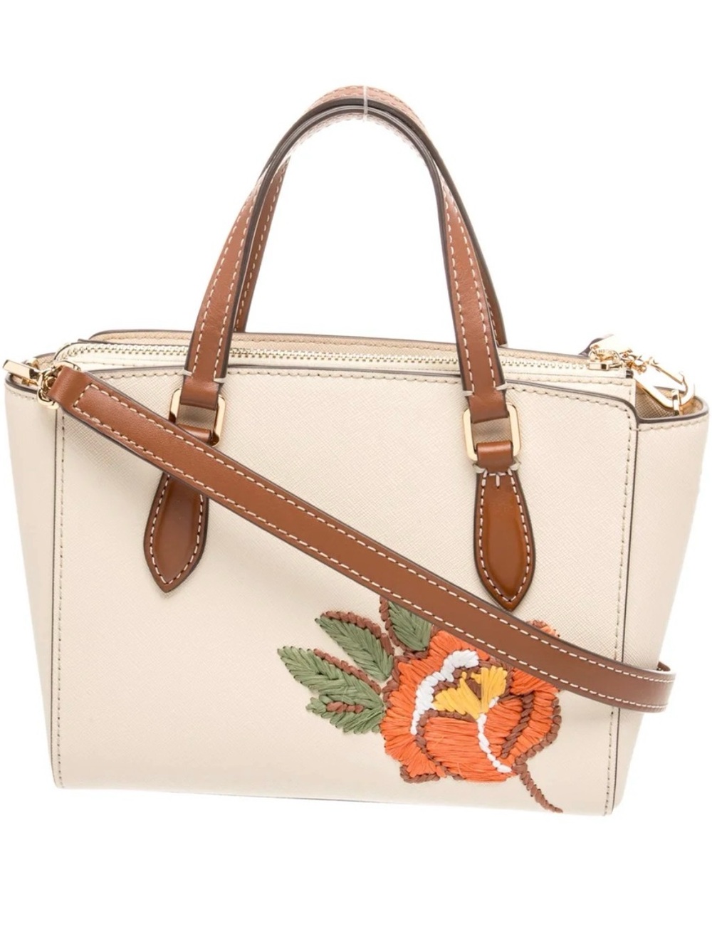 Tory Burch Cream Satchel with Orange, Yellow & Green Floral Embroidery - Picture 2 of 10